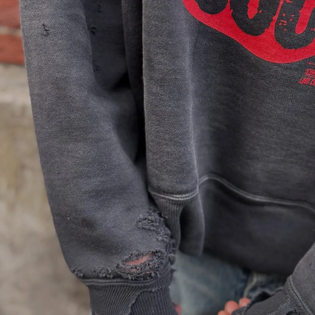 SAINT Mxxxxxx × DE LA SOUL DLS_HOODIE/DE LA SOUL/BLK DE LA SOUL co-branded potted plant destruction hoodie, washed black S-XL, a very important hoodie this season. It embodies the brand philosophy through the humorous potted plant and slogan design. In addition, through a large number of hand-made fraying, cutting and other damage processing, as well as heavy washing and oxidative fading treatment, a perfect Vintage effect is created. Original mold opening Customized co-branded main mark and wash water mark, correct version